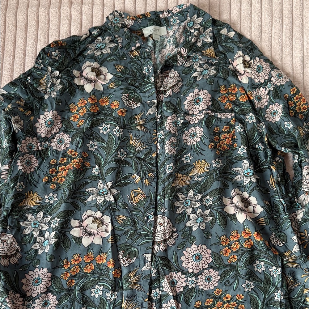 LOFT Floral Button Down Shirt - Blue and Orange